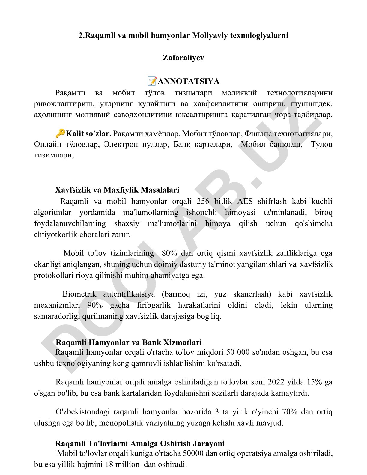 Raqamli va mobil to'lov tizimlari moliyaviy texnologiyalari