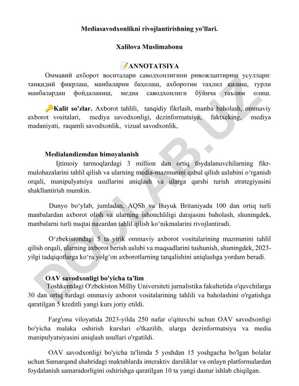 Mediasavodxonlikni rivojlantirishning yo'llari