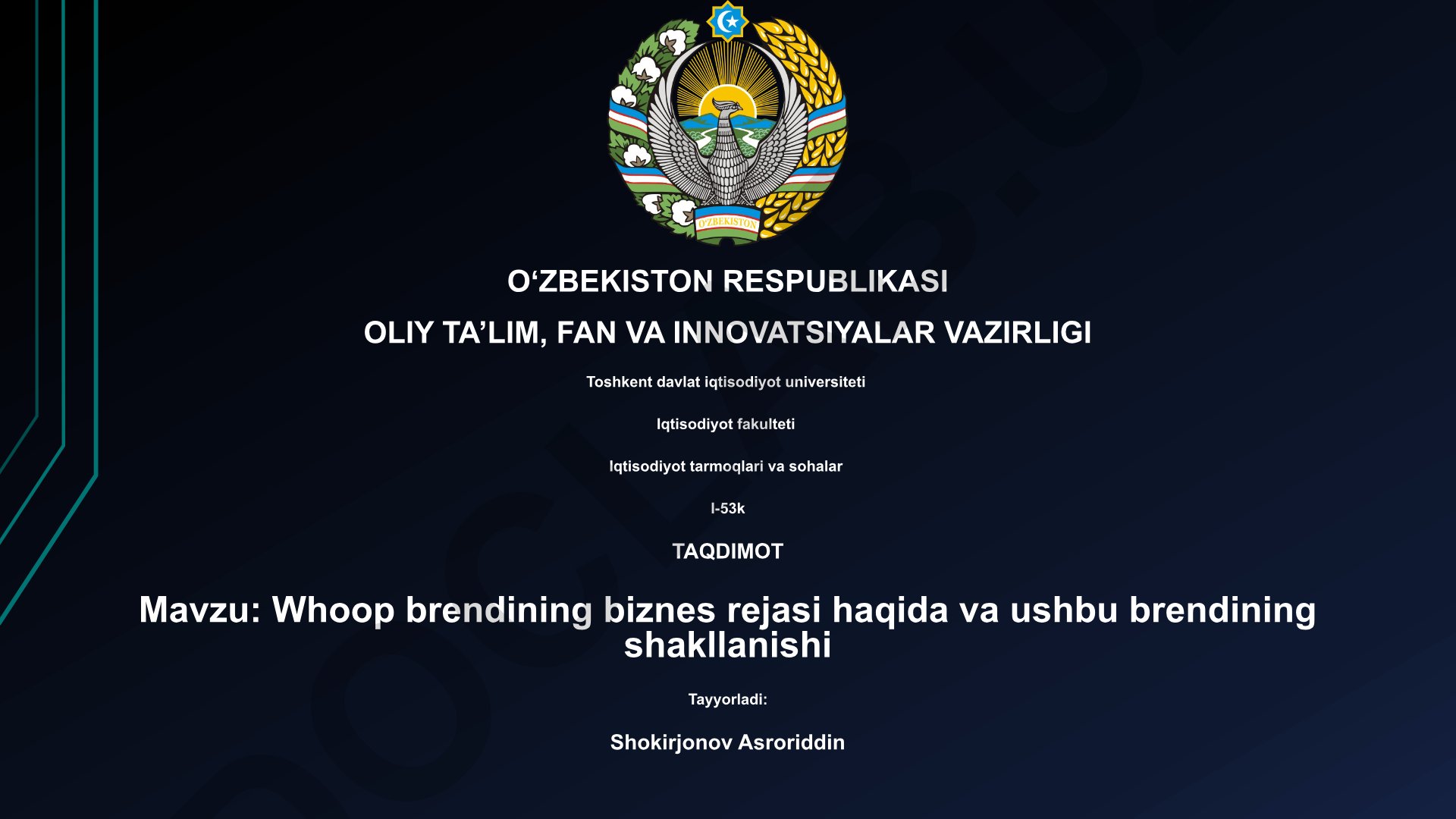 Whoop brendining biznes rejasi va shakllanishi