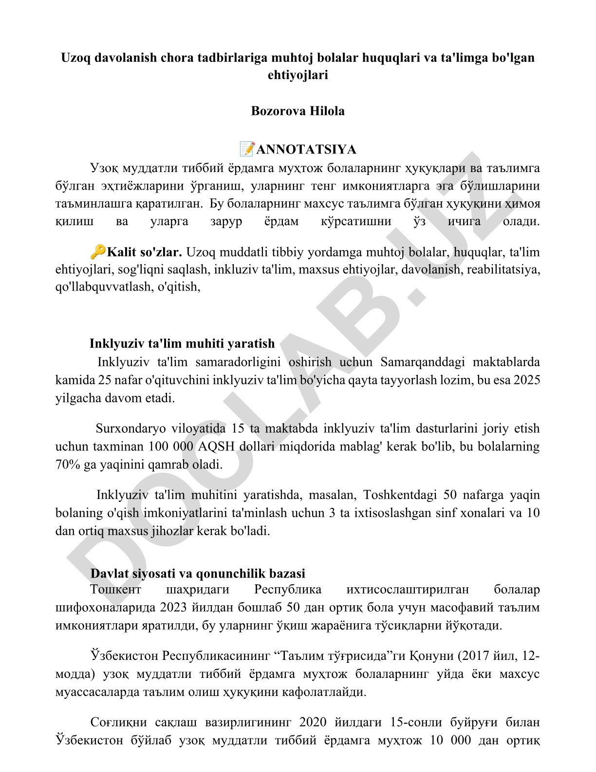 Uzoq muddatli tibbiy yordamga muhtoj bolalar huquqlari va ta'lim ehtiyojlari