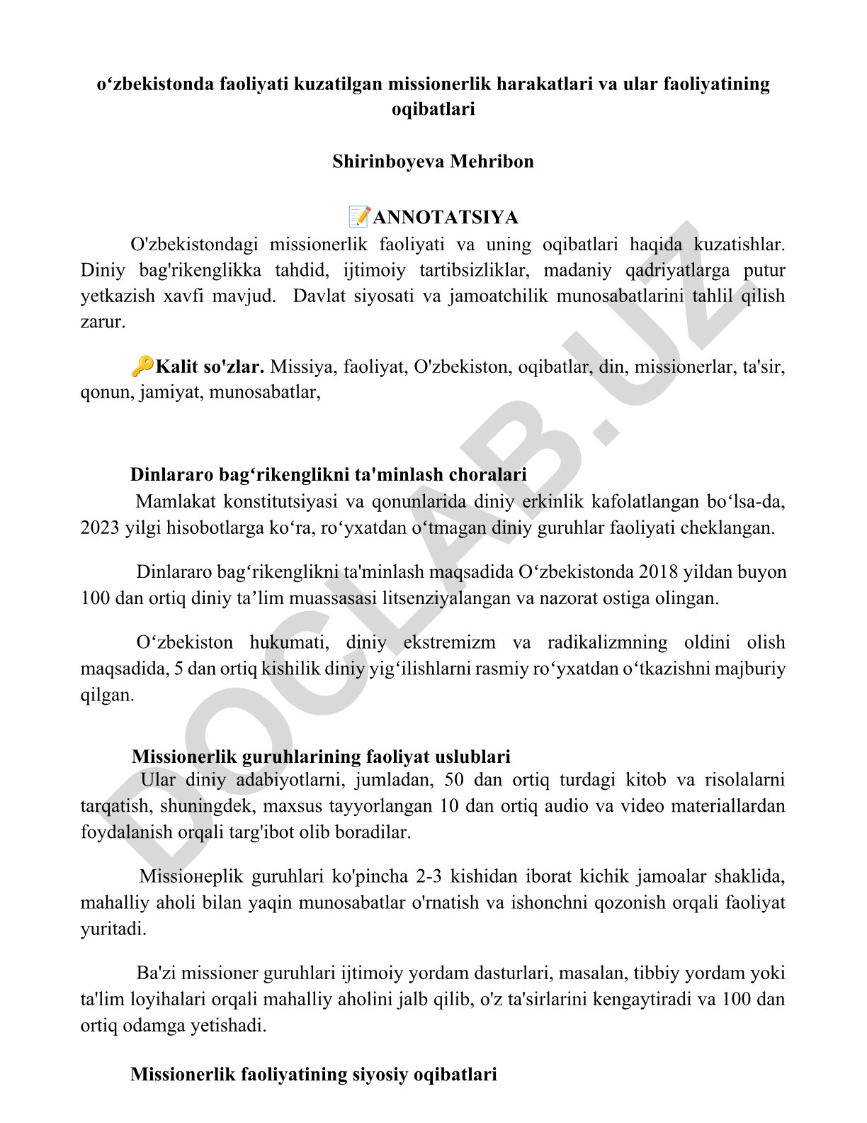 O'zbekistonda missionerlik harakatlari va ularning oqibatlari