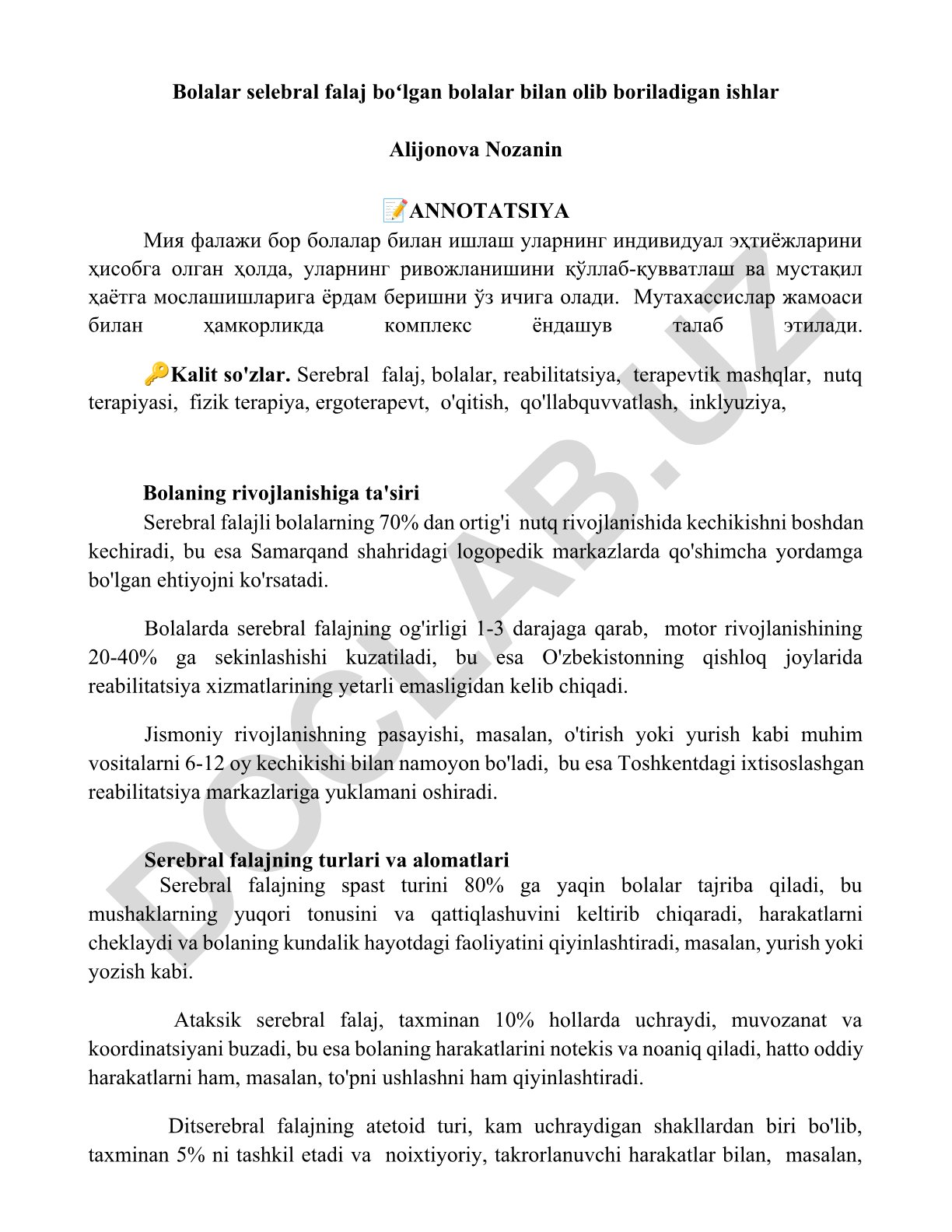 Serebral falajli bolalar bilan ishlash va reabilitatsiya