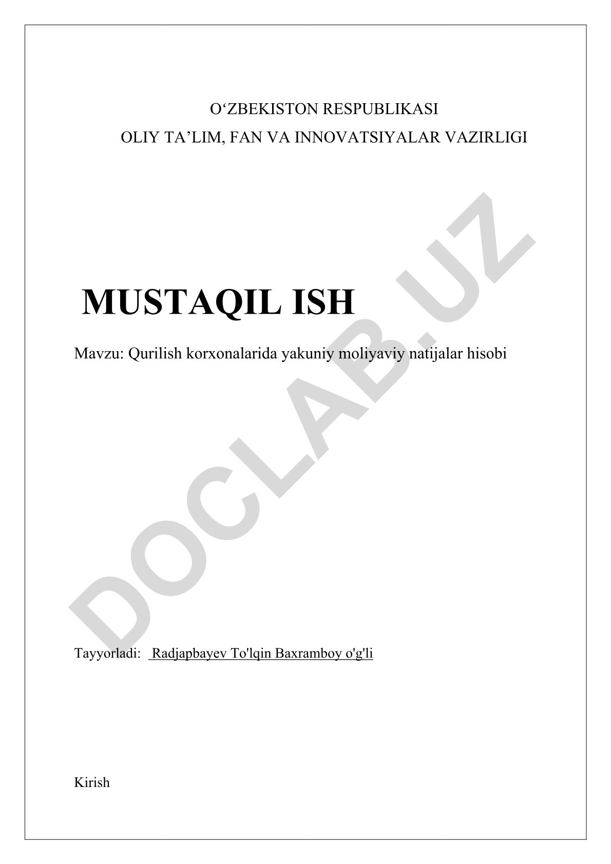 Qurilish korxonalarida yakuniy moliyaviy natijalar hisobi
