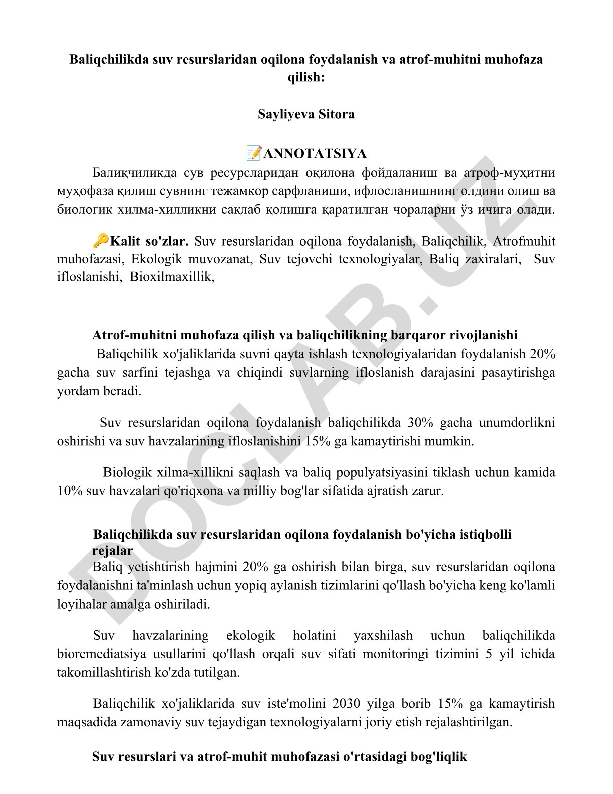 Baliqchilikda suv resurslaridan oqilona foydalanish va atrof-muhitni muhofaza qilish