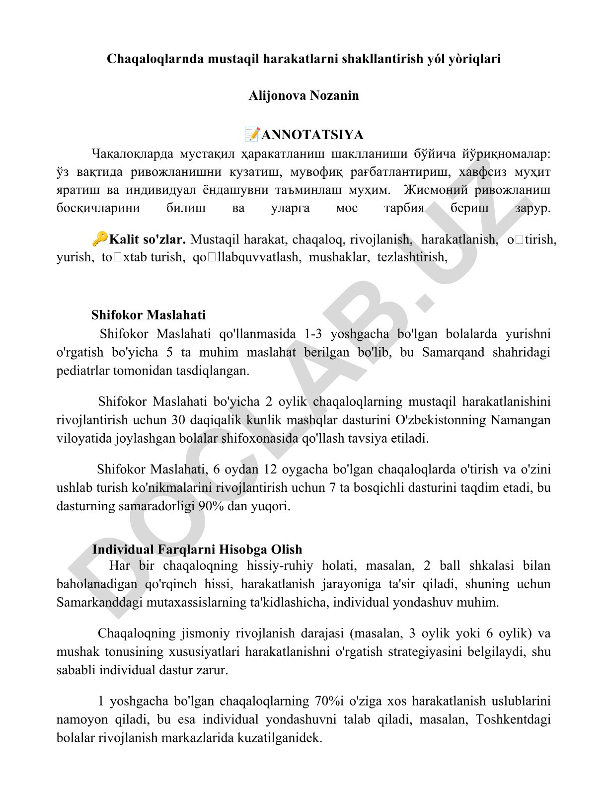 Chaqaloqlarda mustaqil harakatlarni shakllantirish yo'l-yo'riqlari