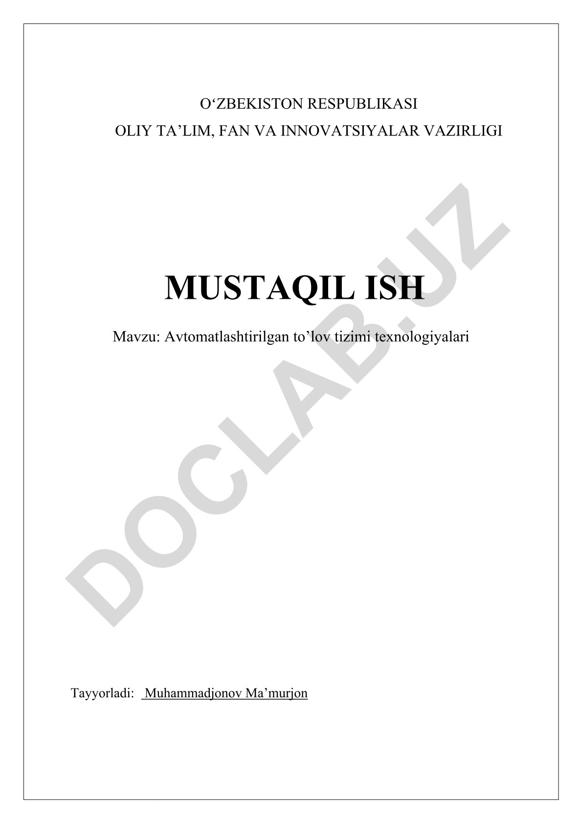 Avtomatlashtirilgan to’lov tizimi texnologiyalari