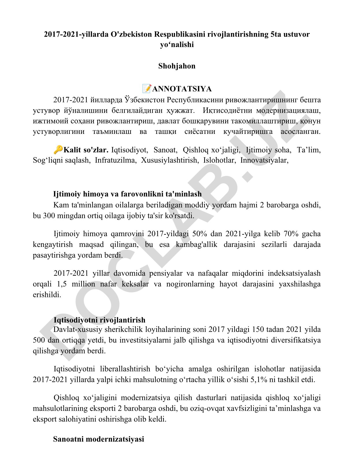 2017-2021-yillarda O'zbekiston Respublikasini rivojlantirishning 5ta ustuvor yoʻnalishi