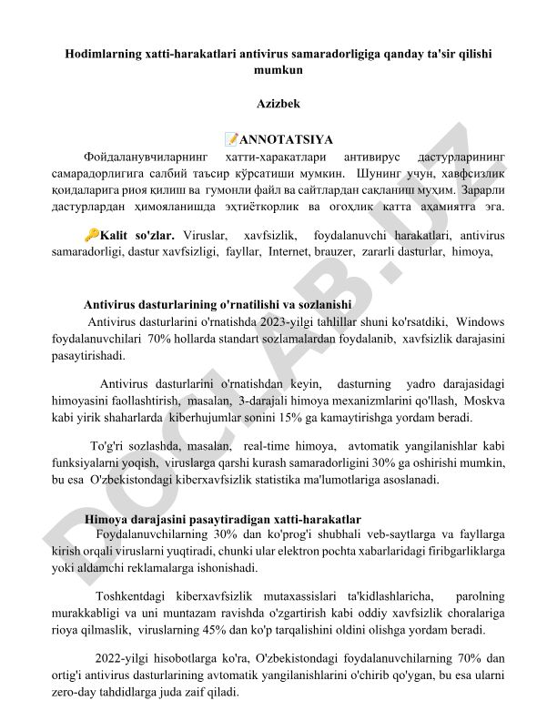 Foydalanuvchi harakatlarining antivirus samaradorligiga ta'siri