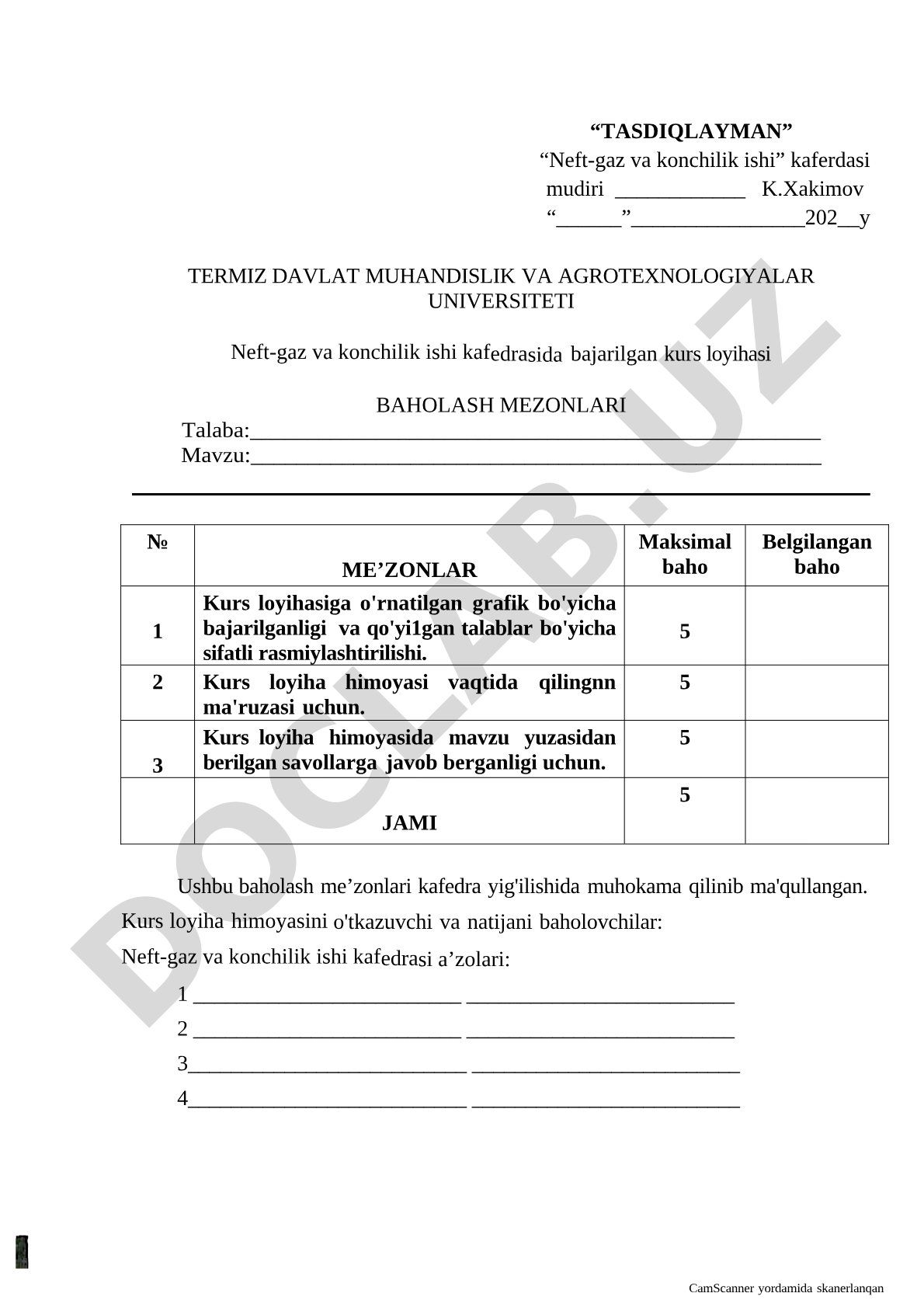 Kurs loyihasi baholash mezonlari