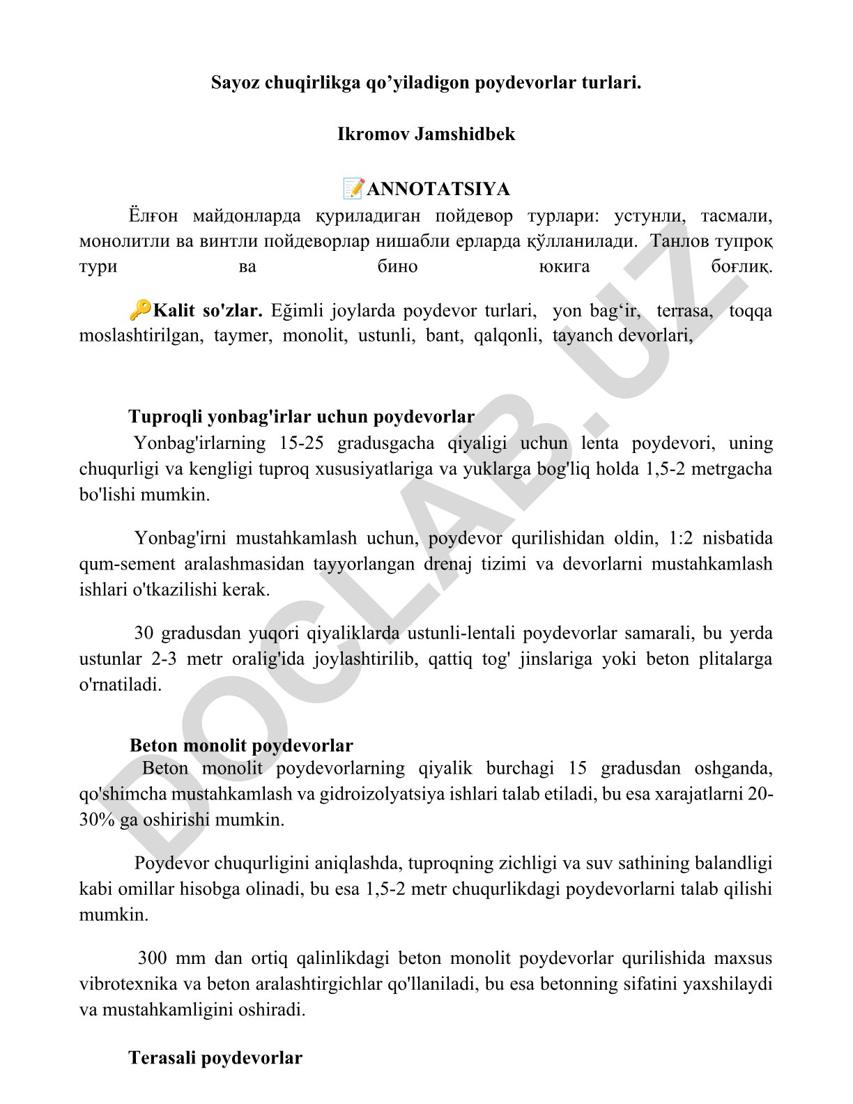Sayoz chuqurlikda quriladigan poydevor turlari