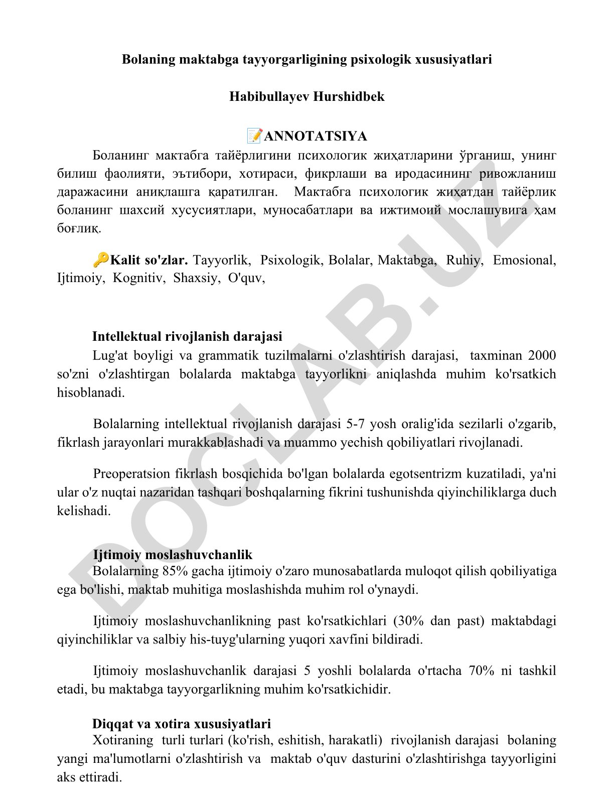 Bolaning maktabga tayyorgarligining psixologik xususiyatlari