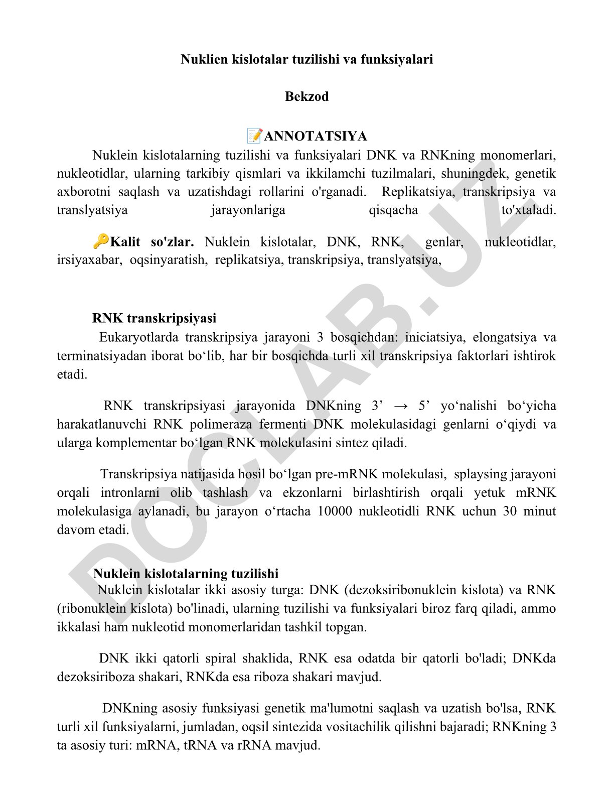 Nuklein kislotalar tuzilishi va funksiyalari