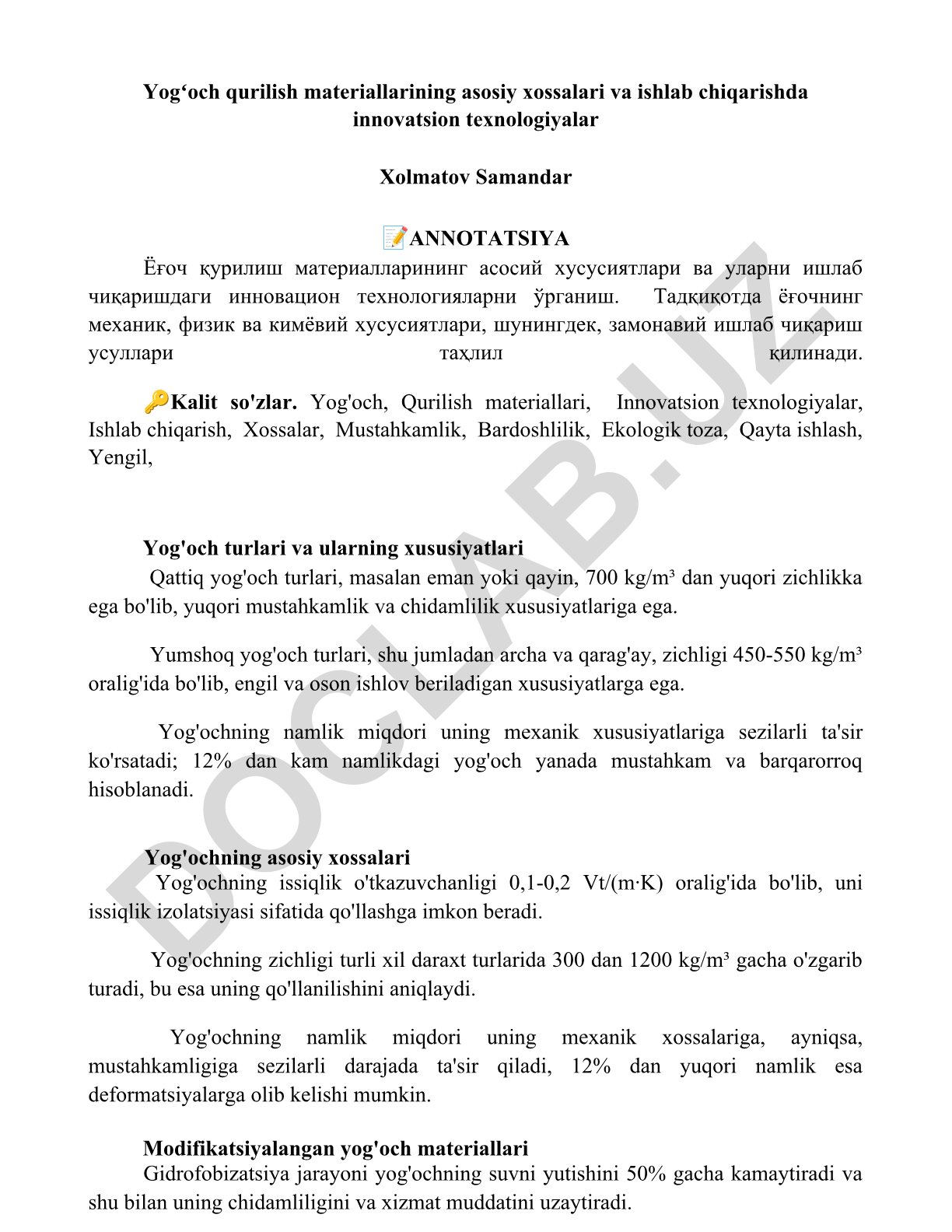 Yogʻoch qurilish materiallarining asosiy xossalari va ishlab chiqarishda innovatsion texnologiyalar
