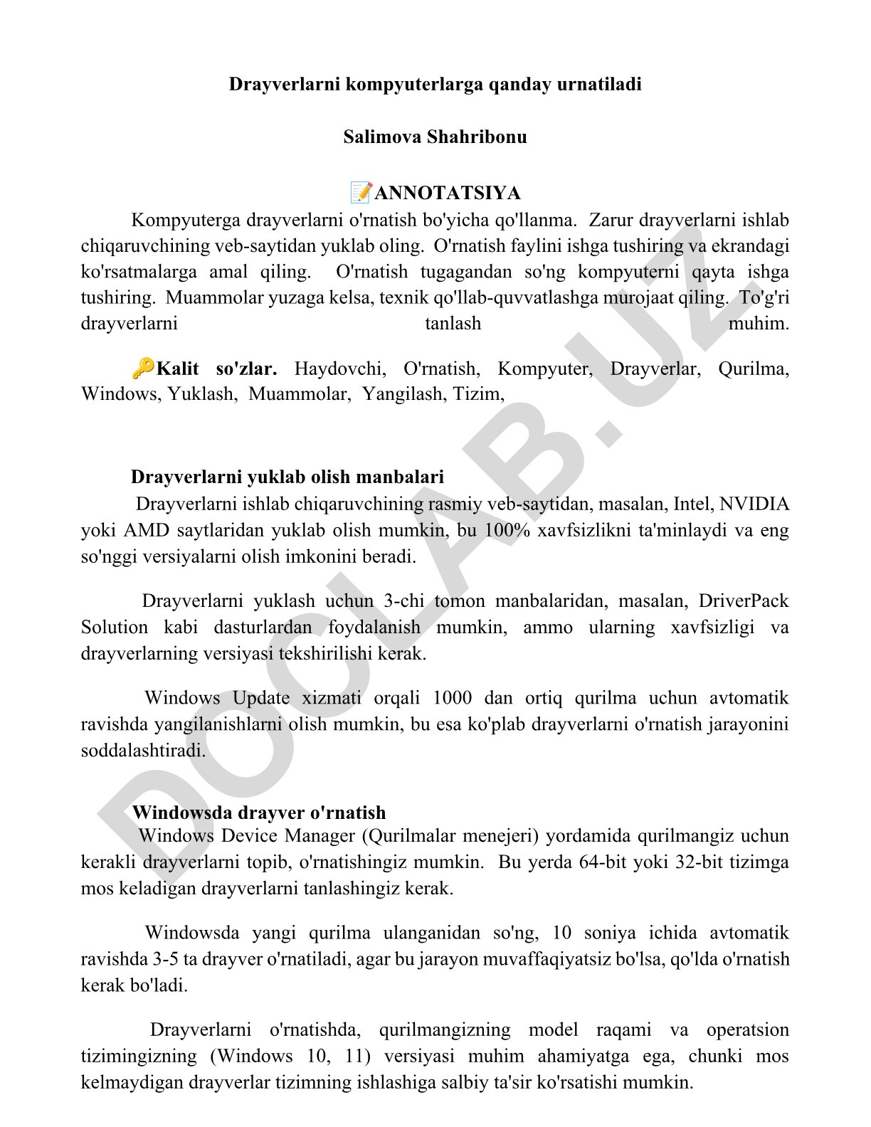Kompyuterga drayverlarni o'rnatish bo'yicha qo'llanma