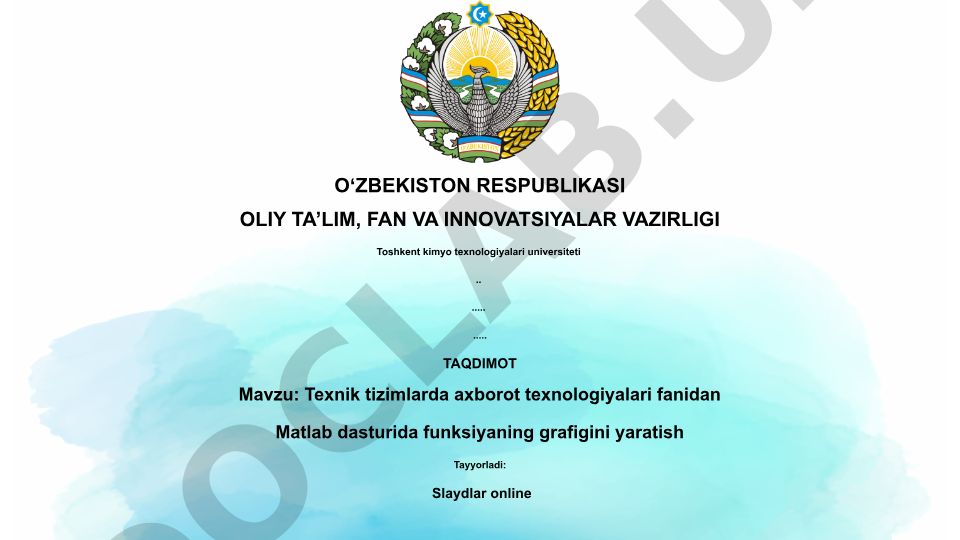 Texnik tizimlarda axborot texnologiyalari fanidan Matlab dasturida funksiyaning grafigini yaratish