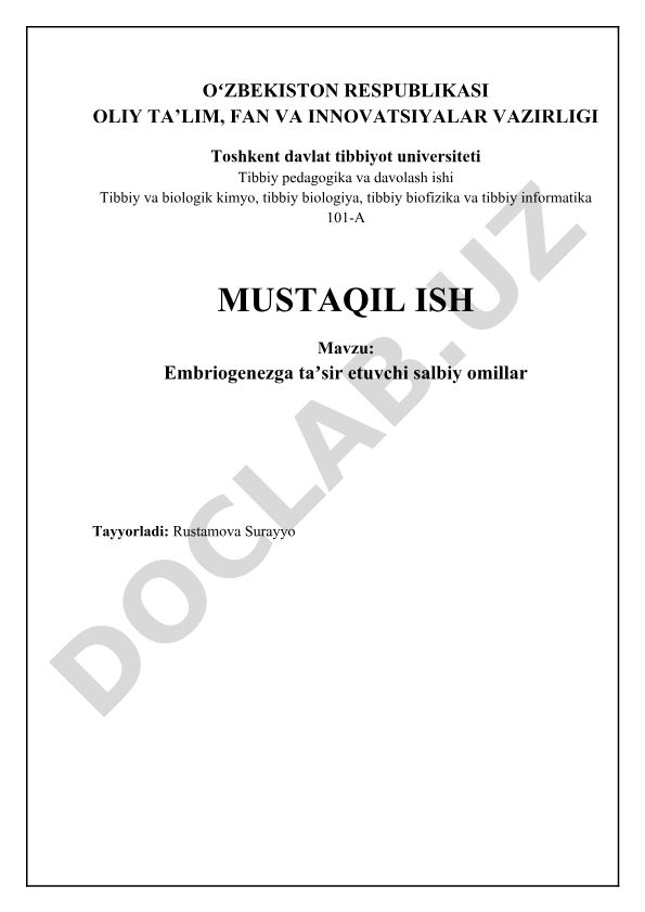 Embriogenezga taʼsir etuvchi salbiy omillar
