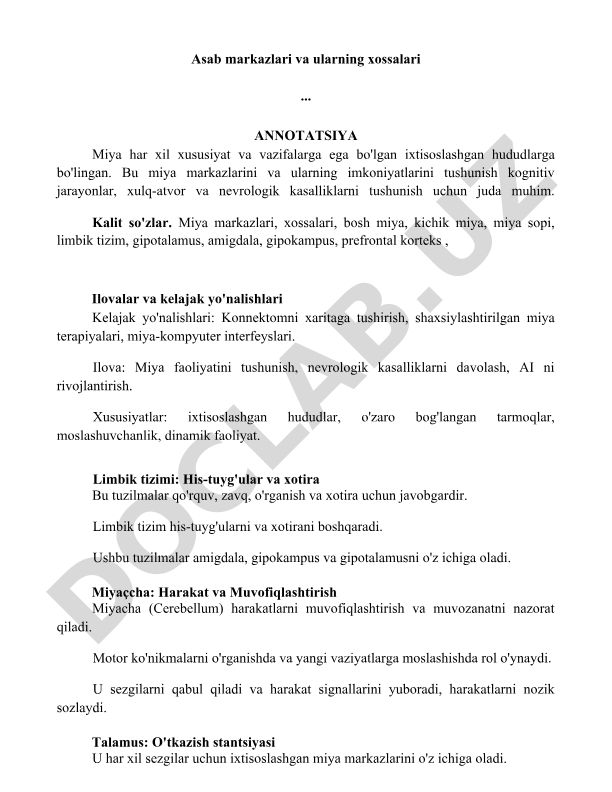 Asab markazlari va ularning xossalari