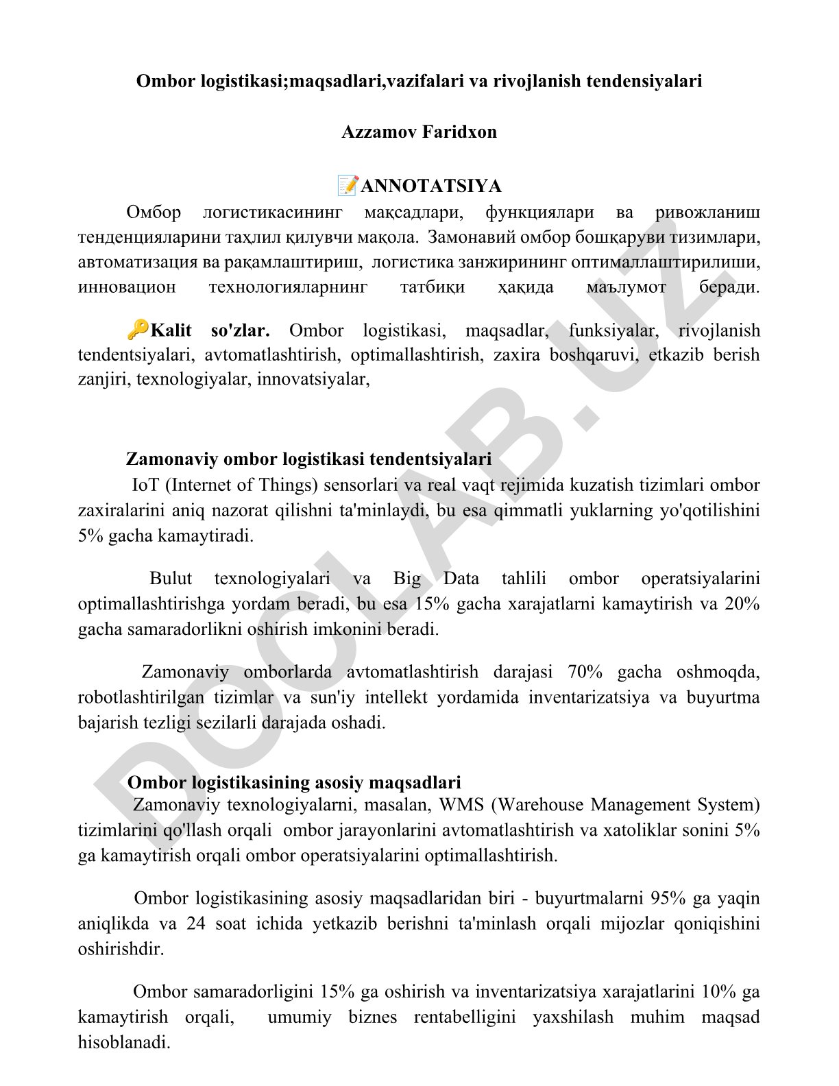 Ombor logistikasi maqsadlari, vazifalari va rivojlanish tendensiyalari