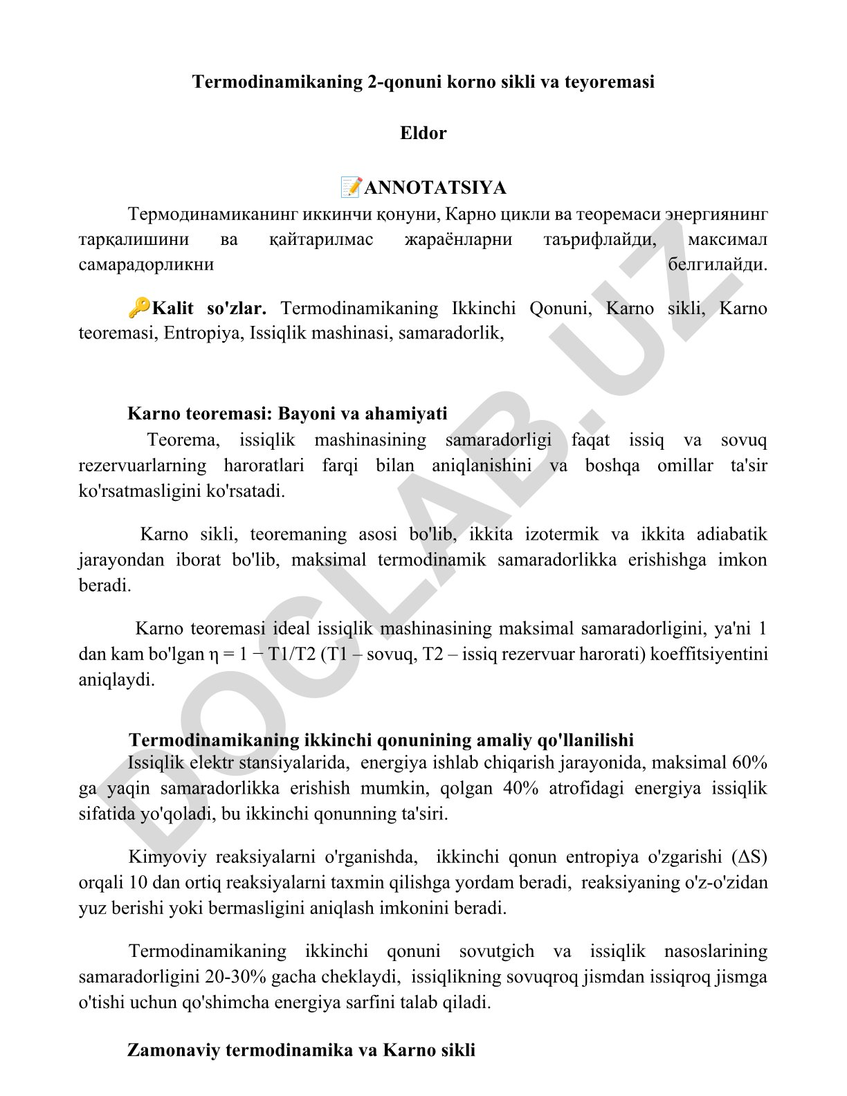 Termodinamikaning ikkinchi qonuni, Karno sikli va teoremasi