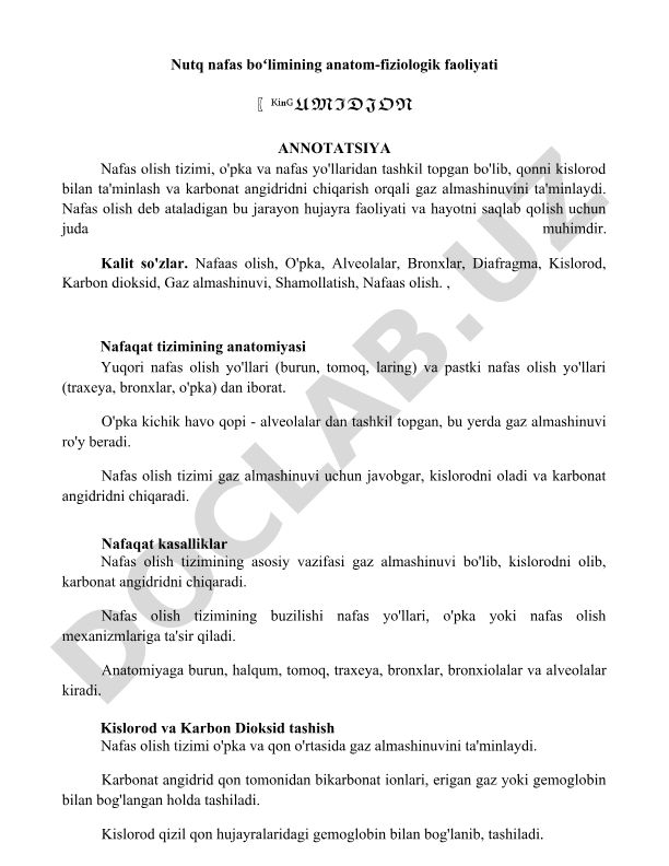 Nafas boʻlimining anatom-fiziologik faoliyati