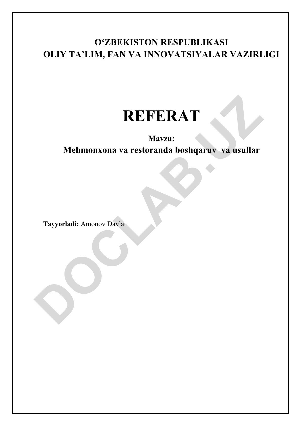 Mehmonxona va restoranda boshqaruv va usullar
