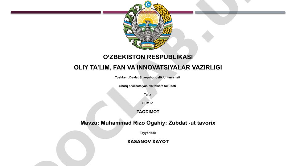 Muhammad Rizo Ogahiy: Zubdat-ut tavorix