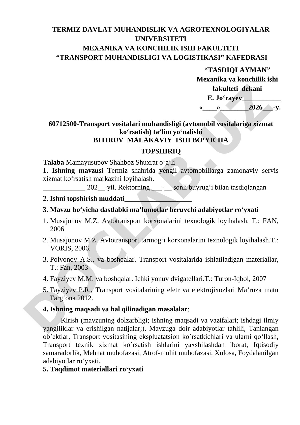 Termiz shahrida yengil avtomobillarga zamonaviy servis xizmat ko‘rsatish markazini loyihalash