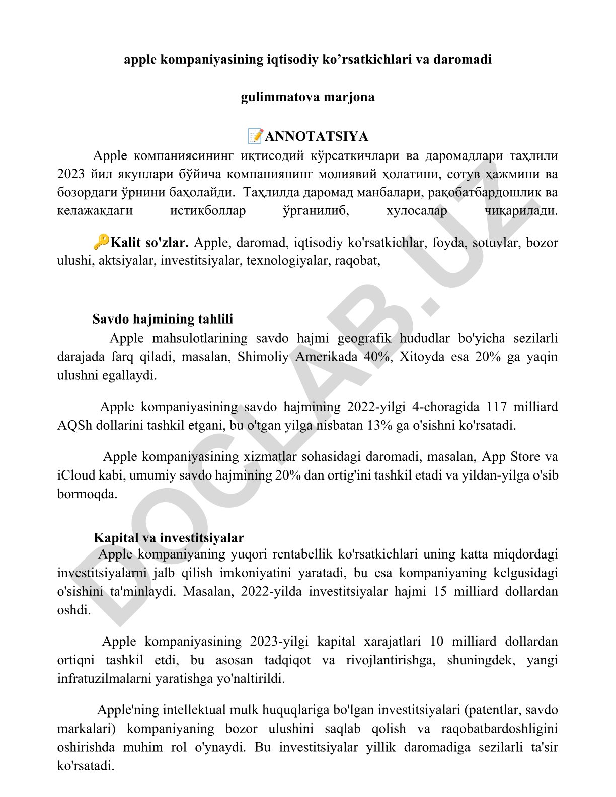 Apple kompaniyasining iqtisodiy ko'rsatkichlari va daromadi