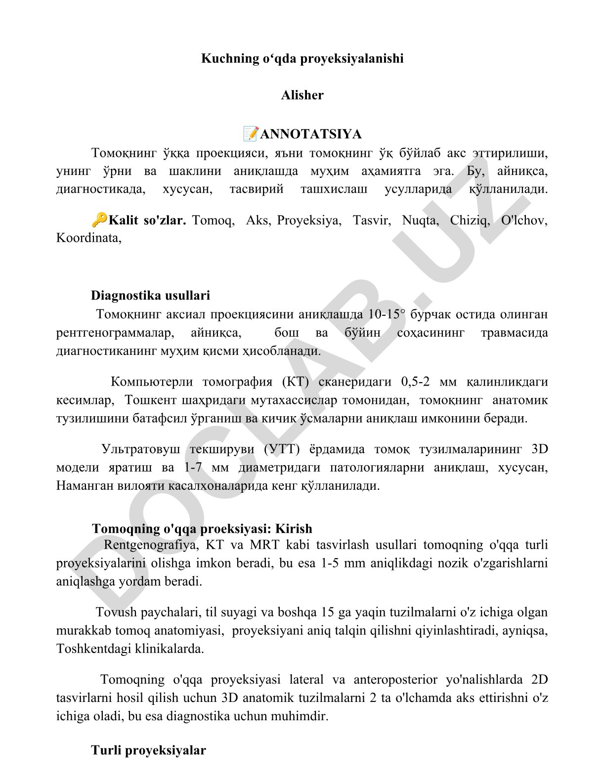 Tomoqning o'qqa proyeksiyasi va diagnostika usullari