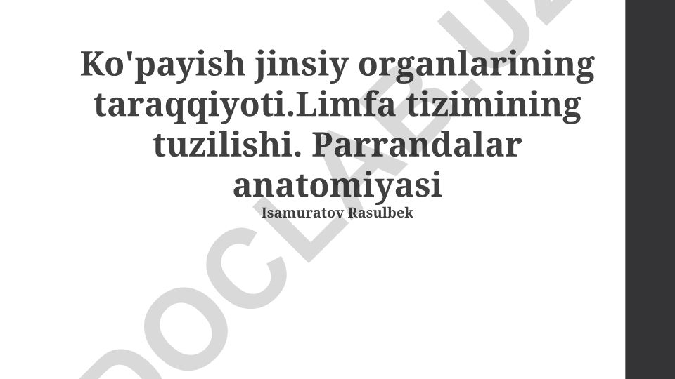 Ko'payish jinsiy organlarining taraqqiyoti, limfa tizimi va parrandalar anatomiyasi