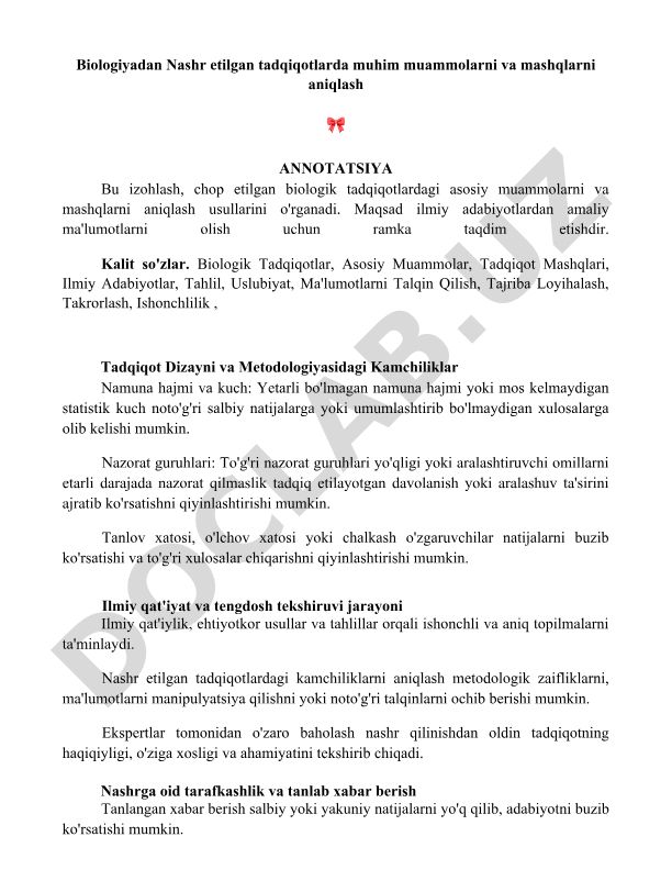 Biologik tadqiqotlardagi asosiy muammolar va mashqlarni aniqlash