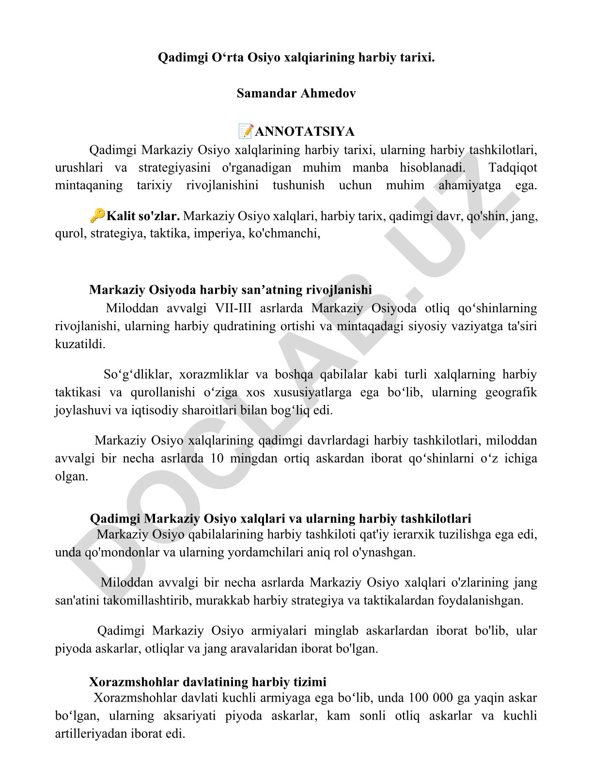 Qadimgi O‘rta Osiyo xalqlarining harbiy tarixi