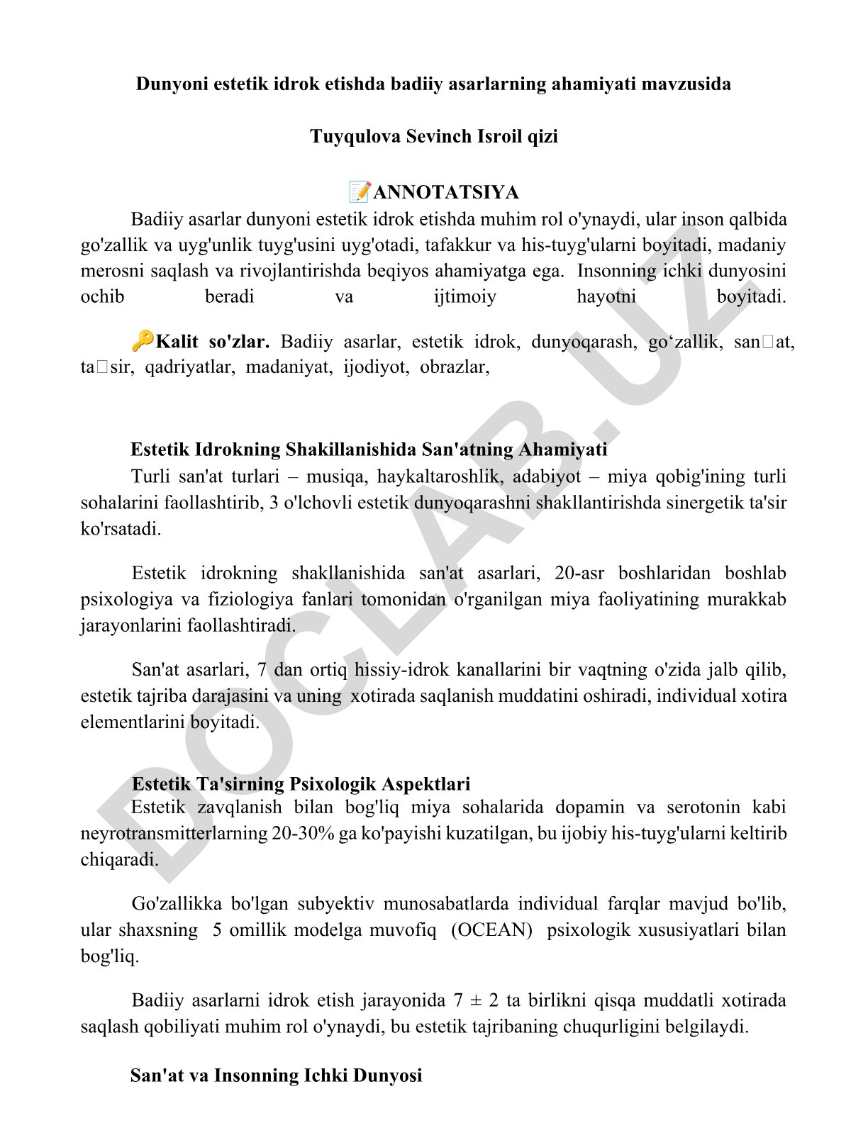 Dunyoni estetik idrok etishda badiiy asarlarning ahamiyati