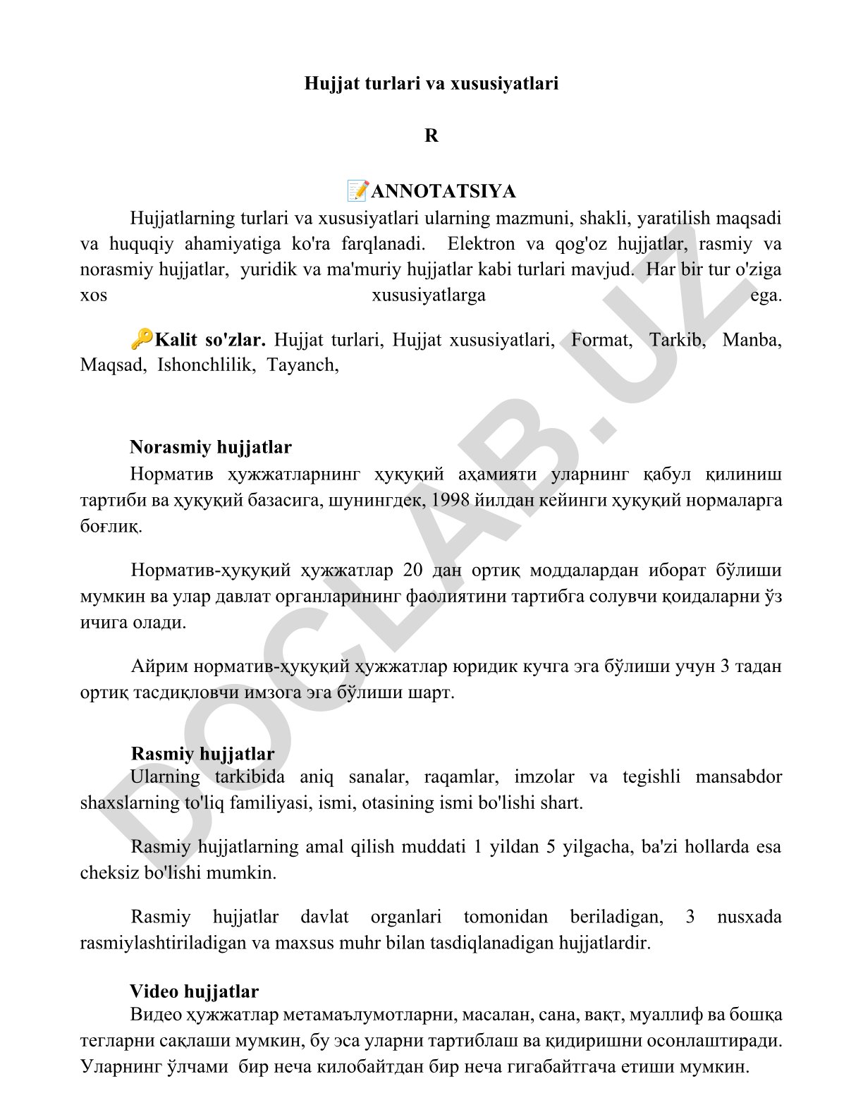 Hujjat turlari va xususiyatlari