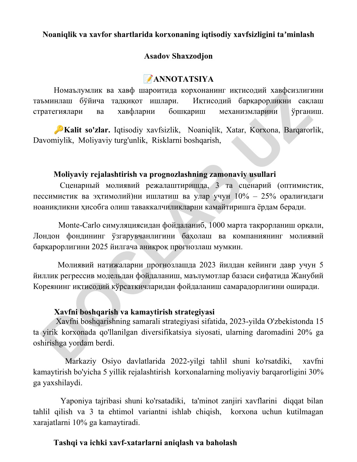 Noaniqlik va xavfor shartlarida korxonaning iqtisodiy xavfsizligini taʼminlash