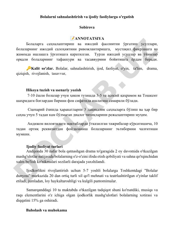 Bolalarni sahnalashtirish va ijodiy faoliyatga o'rgatish