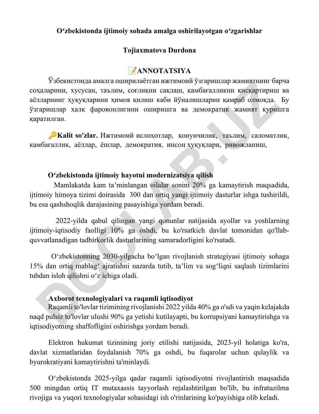 Oʻzbekistonda ijtimoiy sohada amalga oshirilayotgan oʻzgarishlar