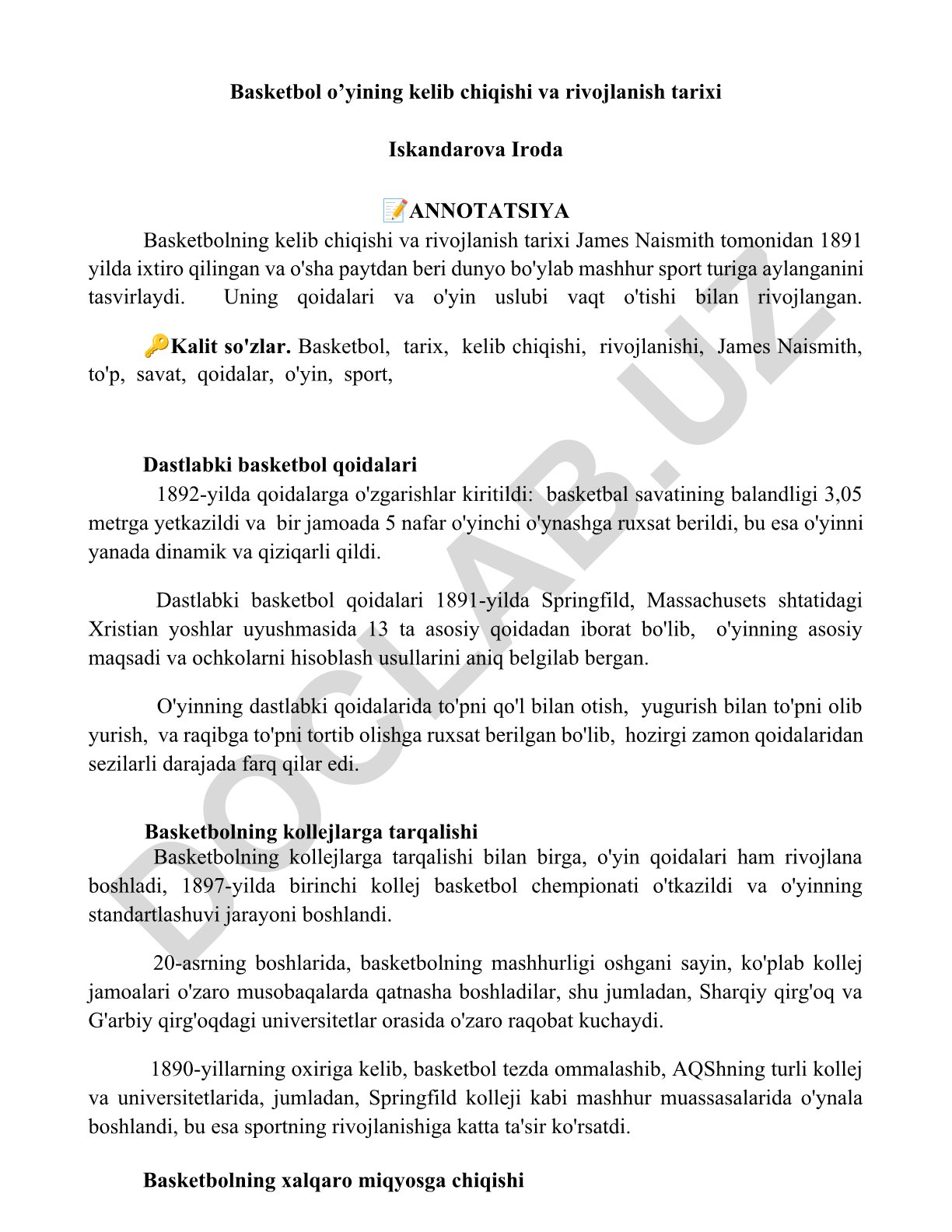 Basketbol o’yining kelib chiqishi va rivojlanish tarixi
