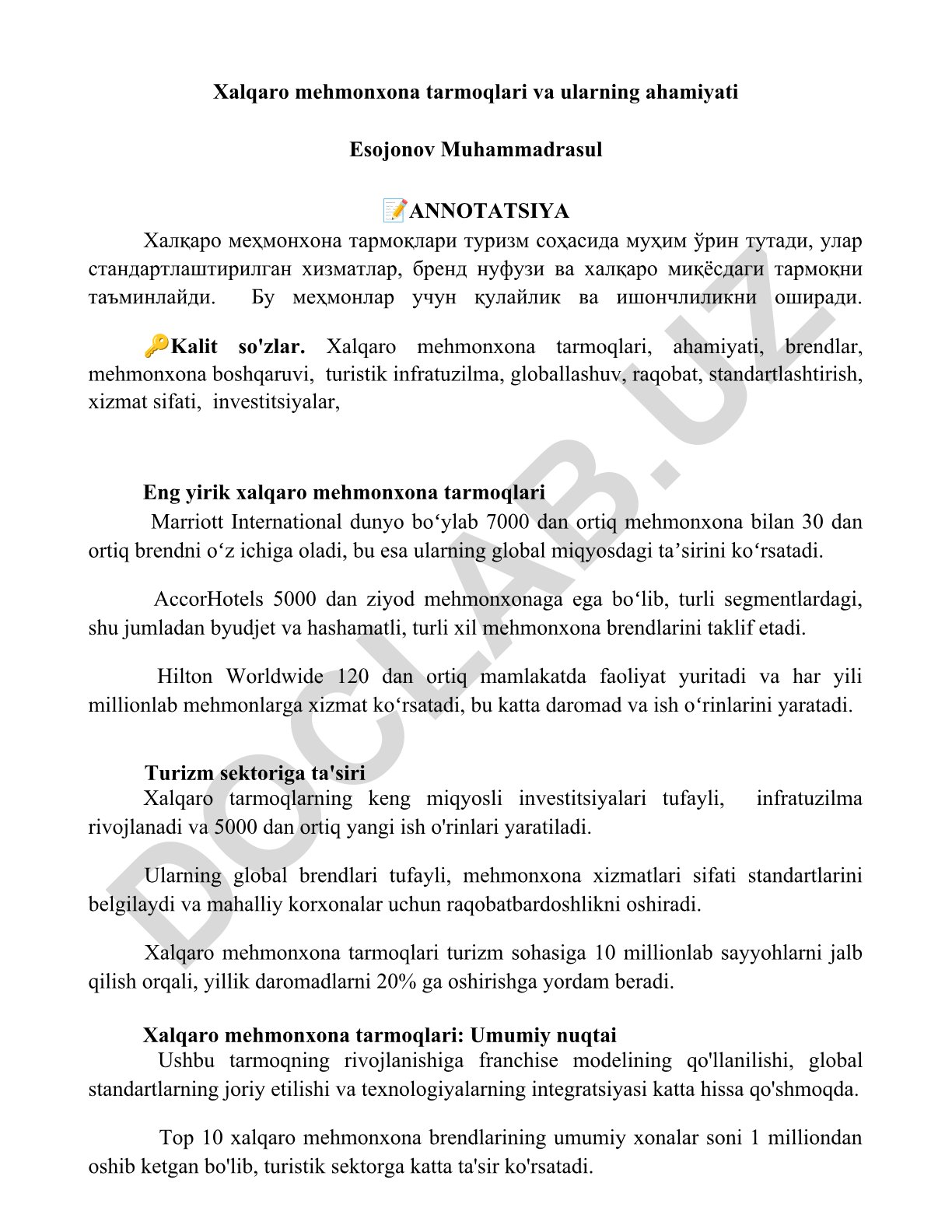 Xalqaro mehmonxona tarmoqlari va ularning ahamiyati