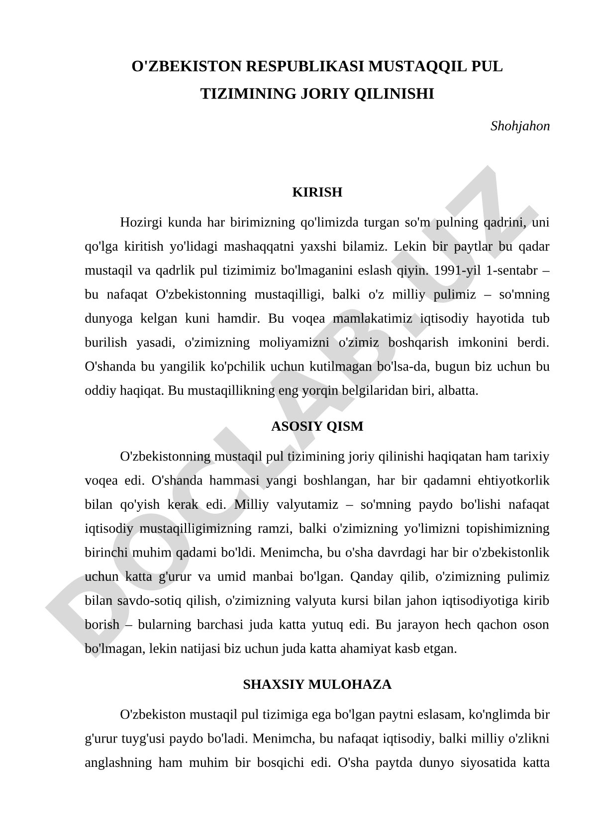 O'zbekiston Respublikasi mustaqil pul tizimining joriy qilinishi