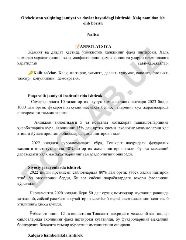O‘zbekiston xalqining jamiyat va davlat hayotidagi ishtiroki