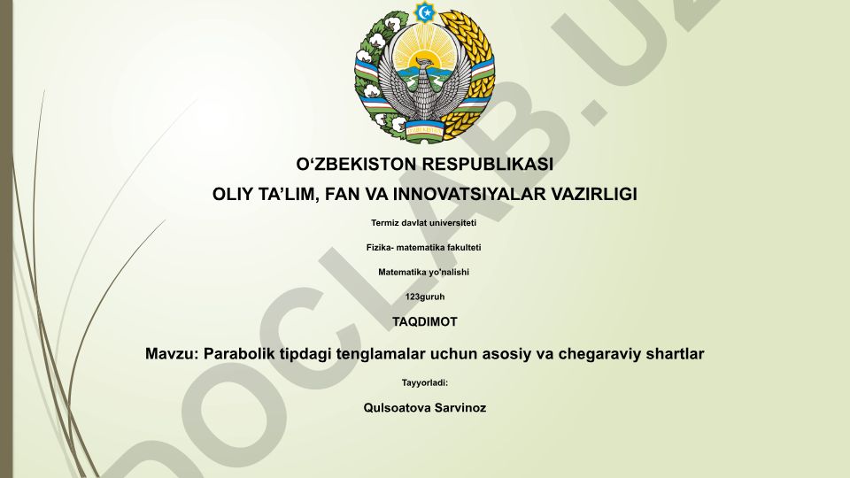 Parabolik tipdagi tenglamalar uchun asosiy va chegaraviy shartlar