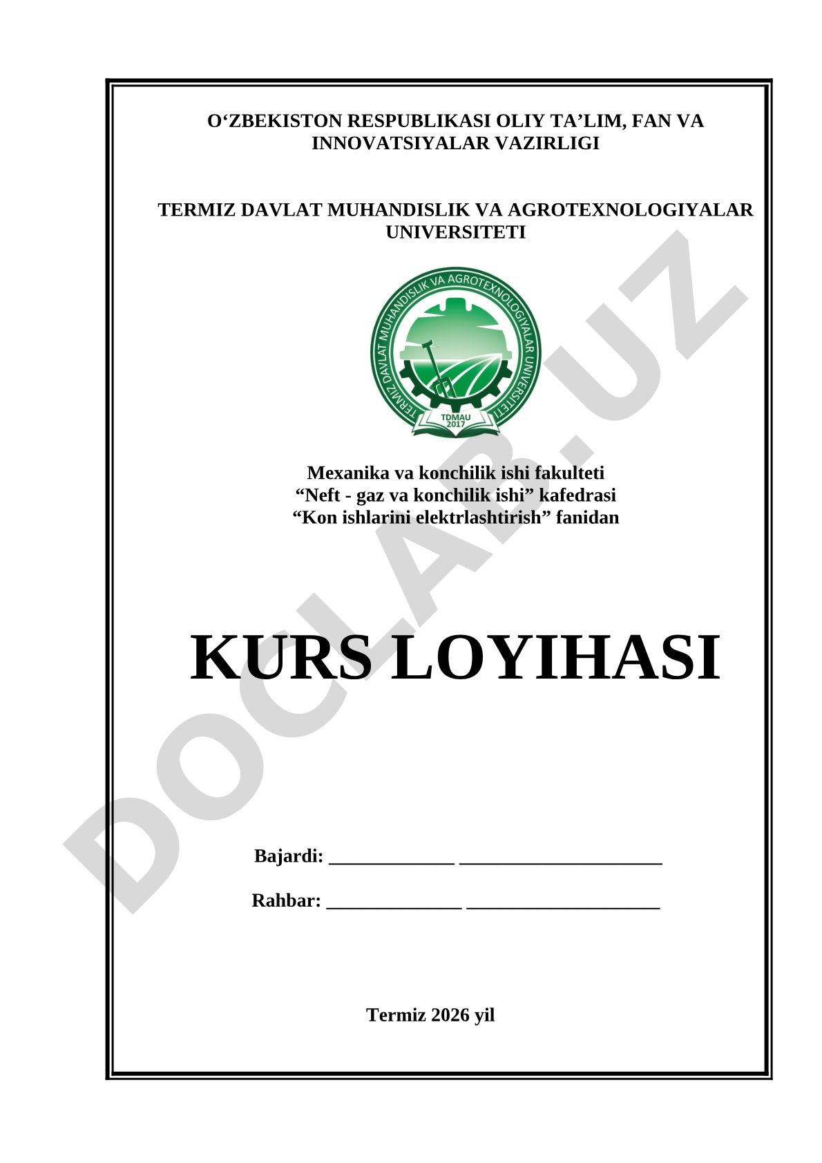 Kon ishlarini elektrlashtirish fanidan kurs loyihasi