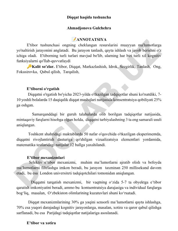 Diqqat haqida tushuncha va uning o'rgatilishi