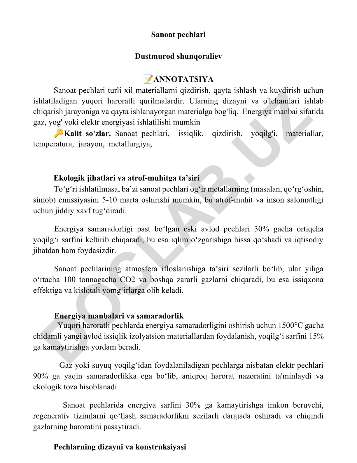 Sanoat pechlarining ekologik jihatlari va energiya samaradorligi