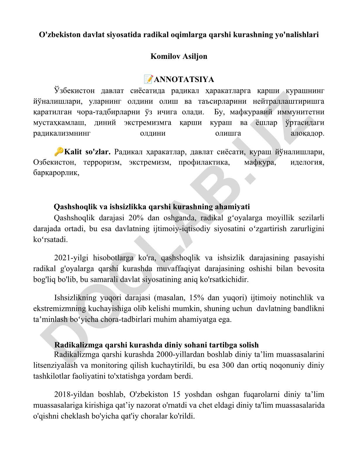 O'zbekiston davlat siyosatida radikal oqimlarga qarshi kurashning yo'nalishlari