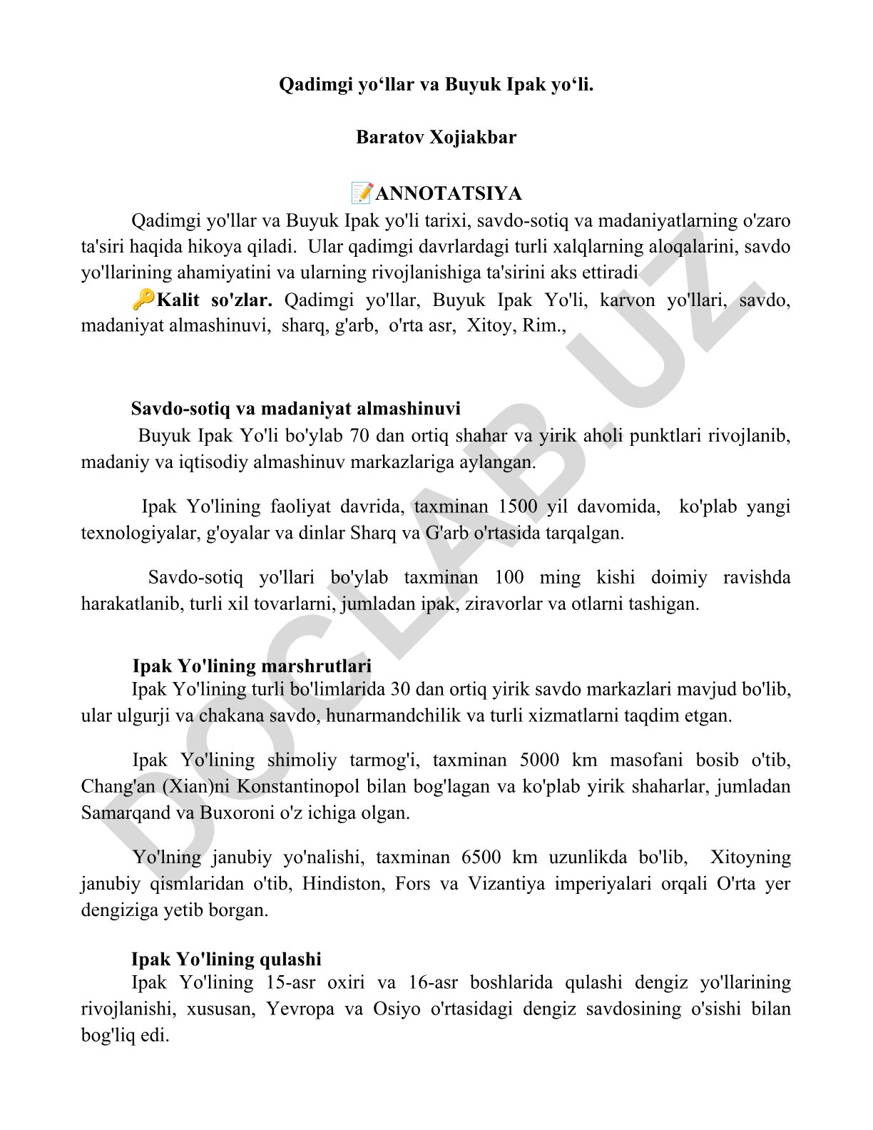 Qadimgi yo‘llar va Buyuk Ipak yo‘li tarixi