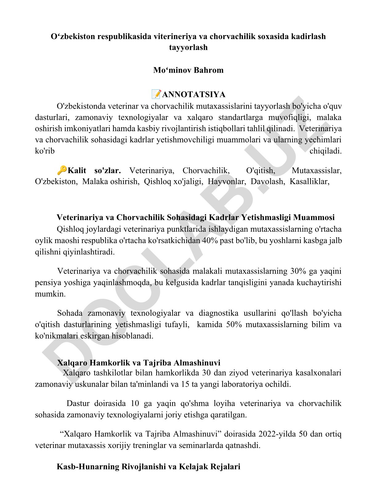 O'zbekistonda veterinar va chorvachilik mutaxassislarini tayyorlash