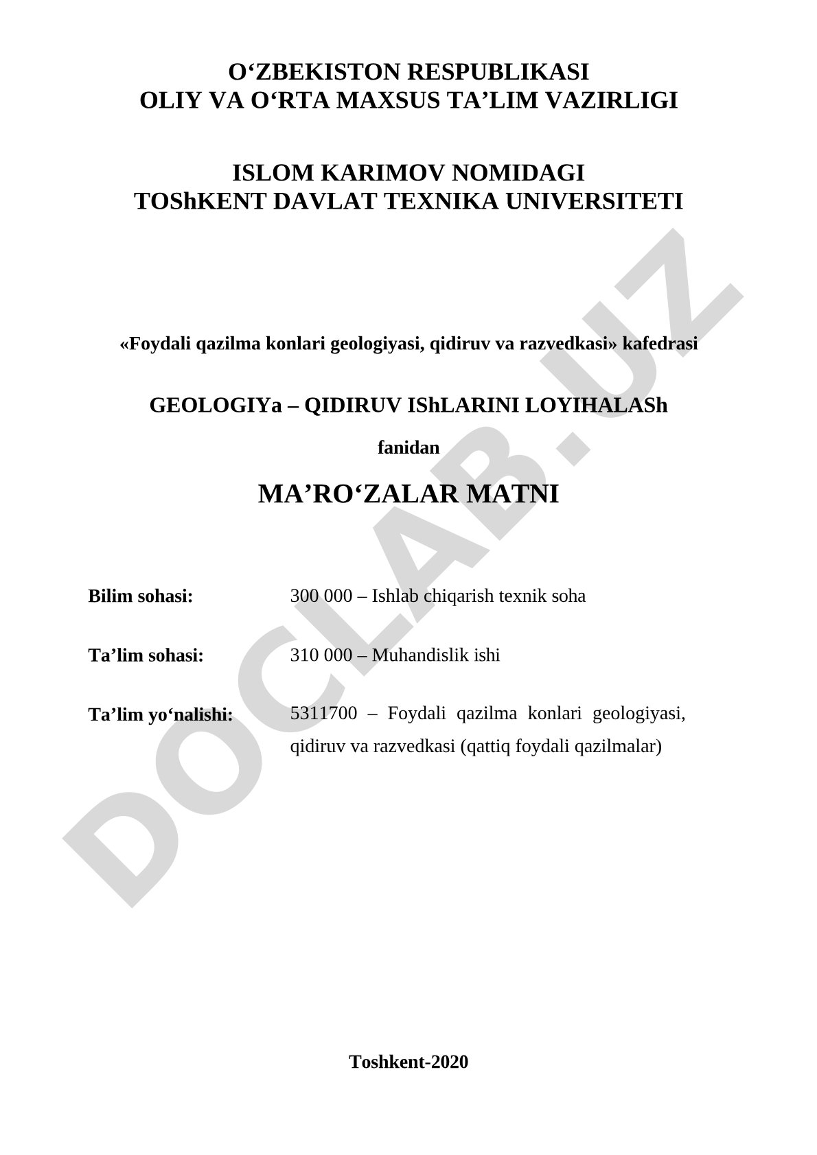 Geologiya-qidiruv ishlarini loyihalash fanidan ma'ruzalar matni