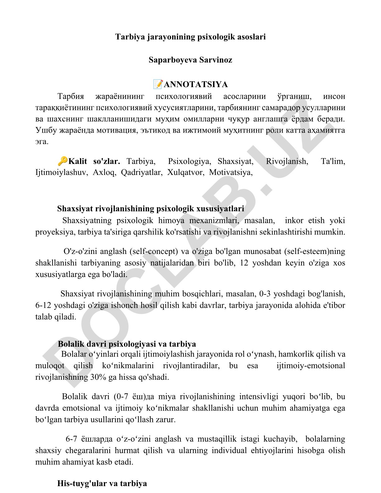 Tarbiya jarayonining psixologik asoslari